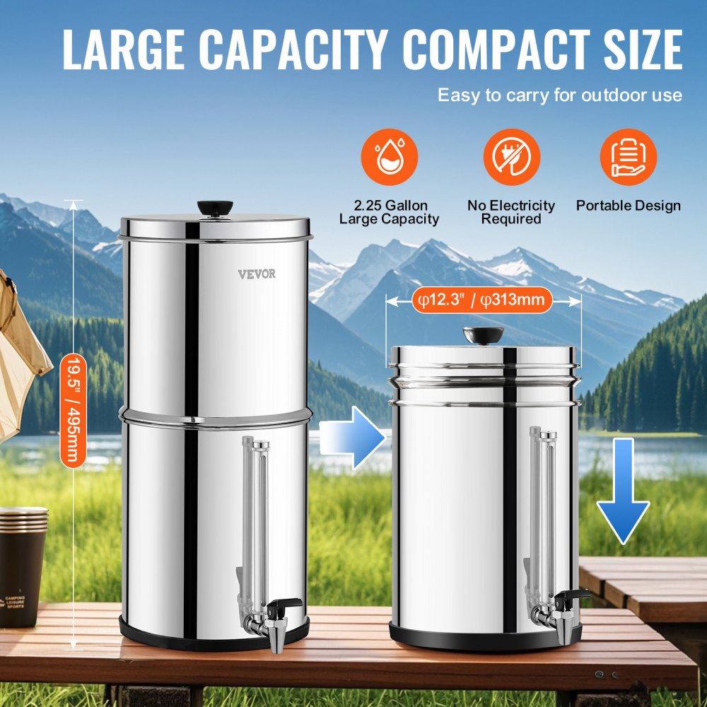 2.25G Gravity-fed Water Filter Countertop System Stainless Steel 2 Filters