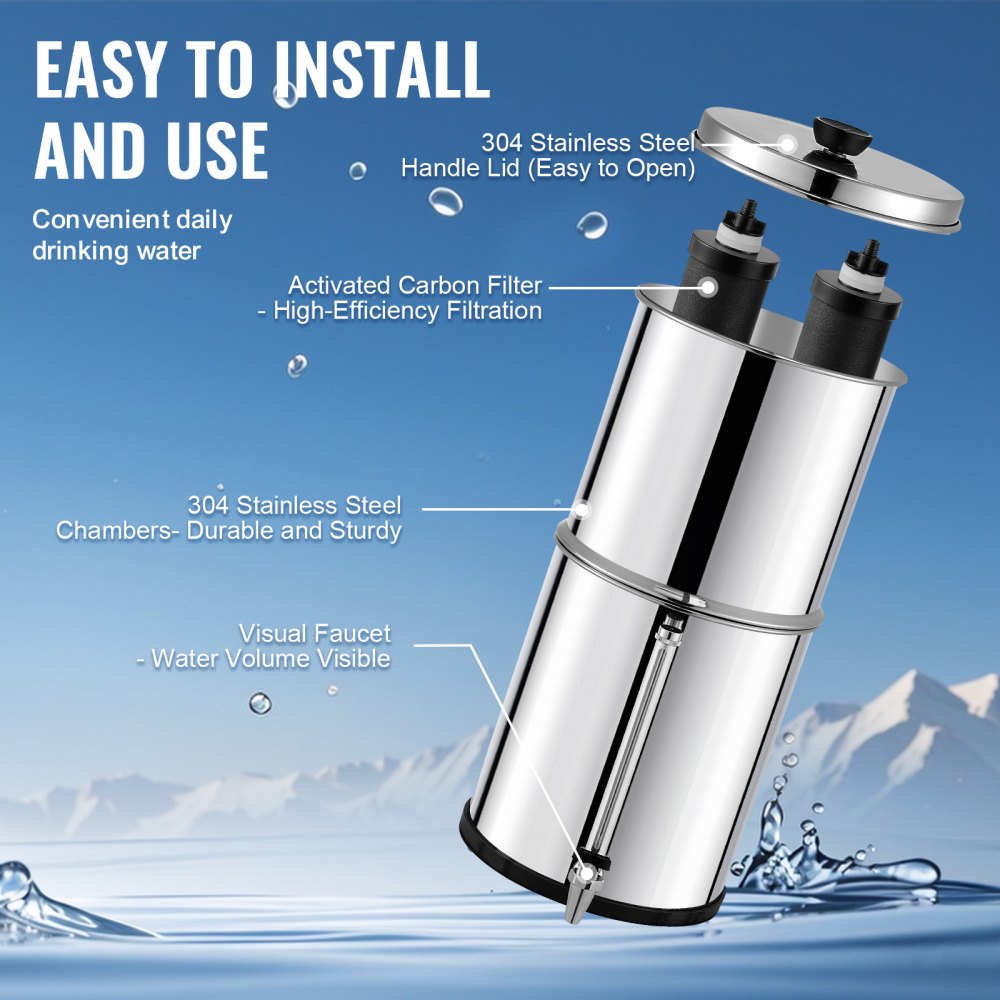 2.25G Gravity-fed Water Filter Countertop System Stainless Steel 2 Filters