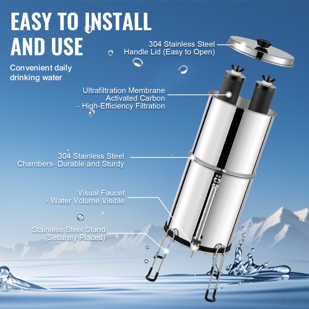 2.25G Gravity-fed Water Filter Countertop System Stainless Steel 2 Filters
