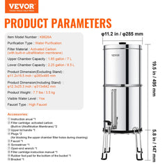 2.25G Gravity-fed Water Filter Countertop System Stainless Steel 2 Filters
