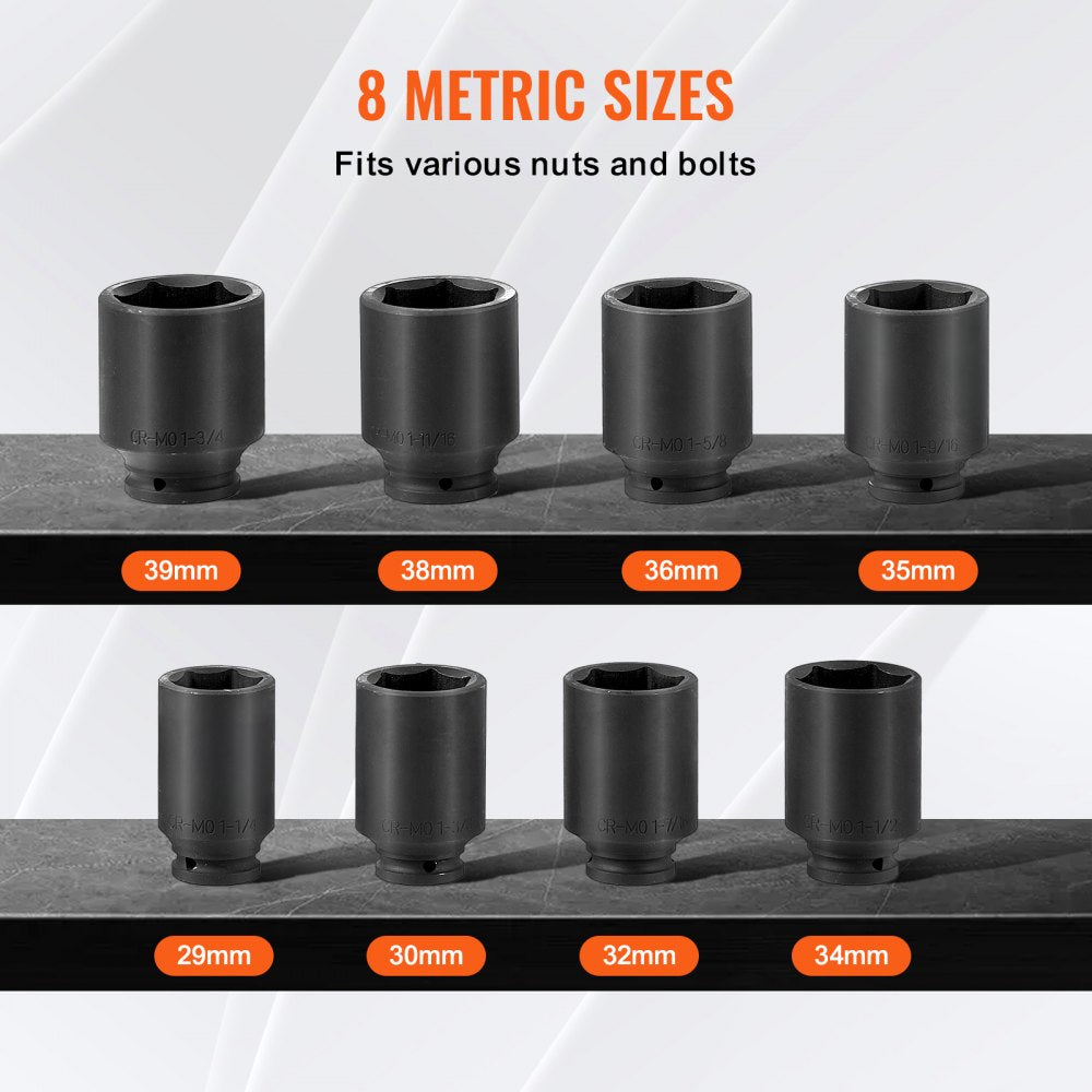 8-piece metric axle nut impact socket set with deep 12-point design and portable storage case.