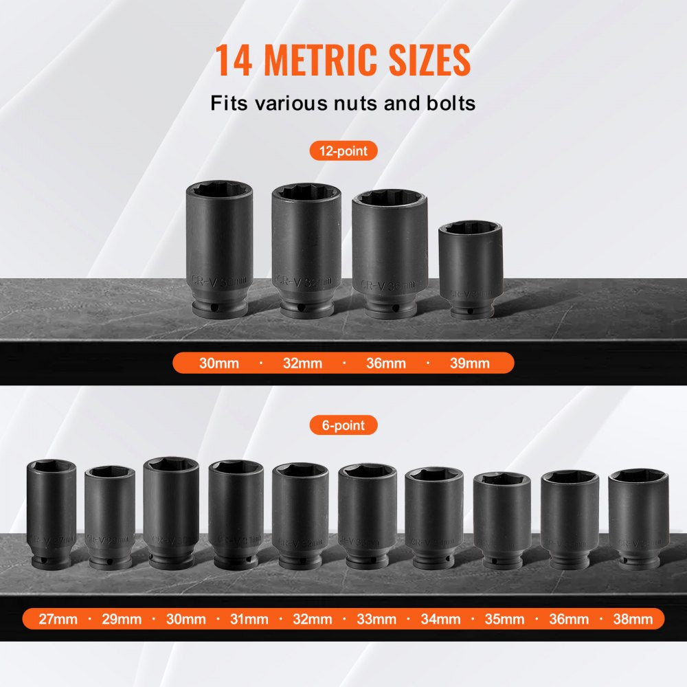 14-piece metric axle nut impact socket set with deep 6- and 12-point sockets from 27mm to 39mm.