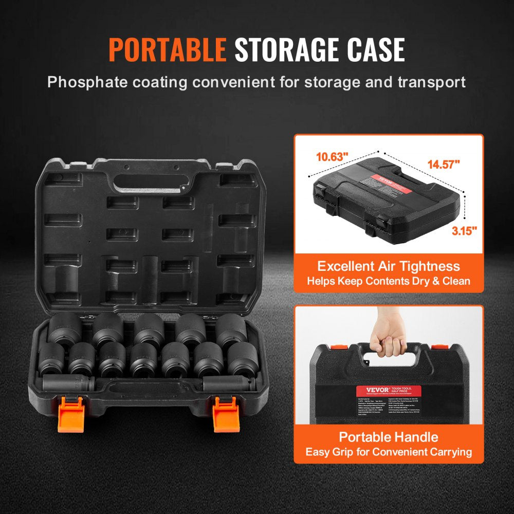 Black 14-piece metric axle nut impact socket set in a rugged portable storage case with dimensions.