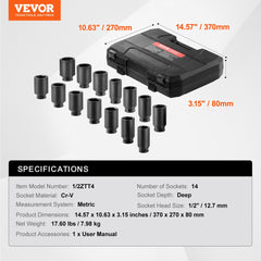 14-piece metric axle nut impact socket set in a case, with deep 6- and 12-point sockets from 27mm to 39mm.