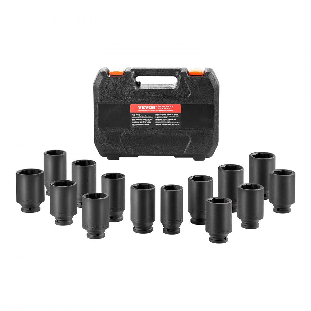 Bostome 14-piece metric axle nut impact socket set in black case with deep 6- and 12-point sockets.