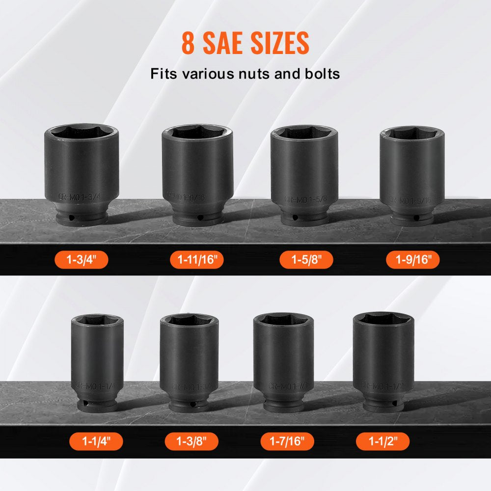 Eight-piece deep 6-point SAE axle nut impact socket set in a portable storage case.