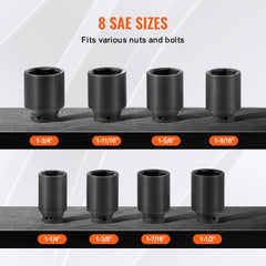 Eight-piece deep 6-point SAE axle nut impact socket set in a portable storage case.
