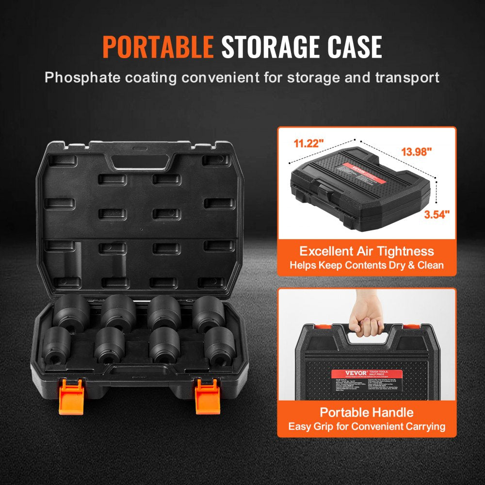 Eight-piece deep 6-point SAE axle nut impact socket set in a portable storage case.