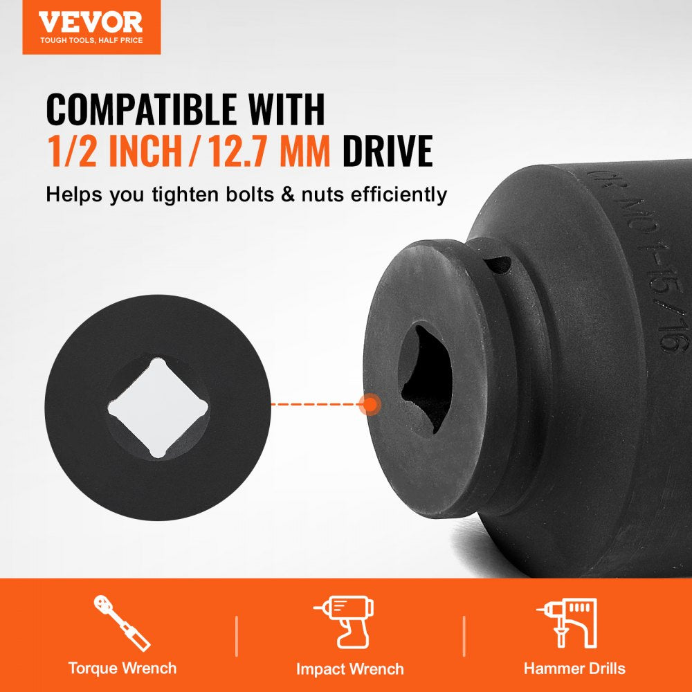 4-piece SAE axle nut impact socket set with 1/2-inch drive and 6-point CR-MO design.