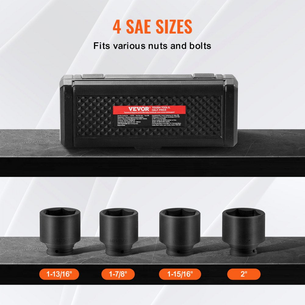 Black 4-piece SAE axle nut impact socket set in a case, sizes 1-1/8" to 2".