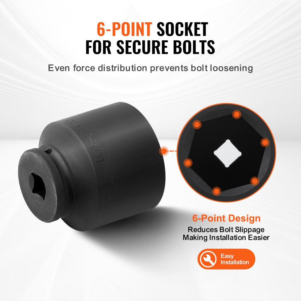 Black 1/2-inch drive 6-point impact socket with even force distribution for secure bolts.