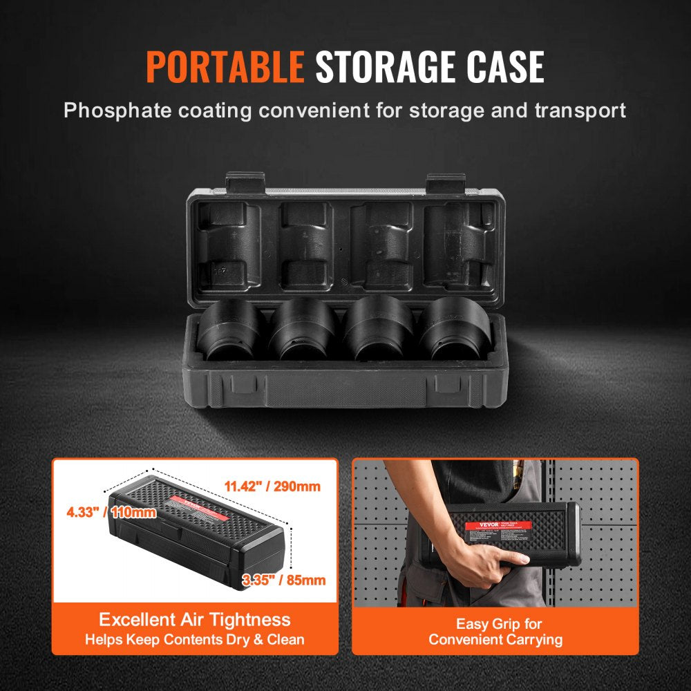 A black portable storage case holds four impact sockets, with dimensions and a person carrying it shown.
