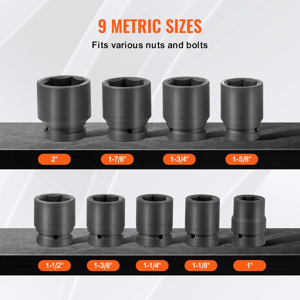 9-piece SAE axle nut impact socket set with 1-inch drive and 6-point design in sizes from 1 to 2 inches.
