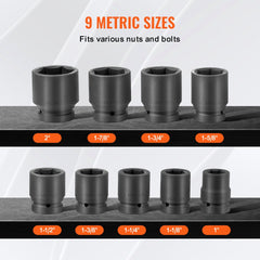 9-piece SAE axle nut impact socket set with 1-inch drive and 6-point design in sizes from 1 to 2 inches.