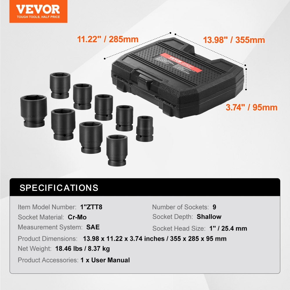 9-piece SAE 1-inch drive 6-point axle nut impact socket set in a storage case.