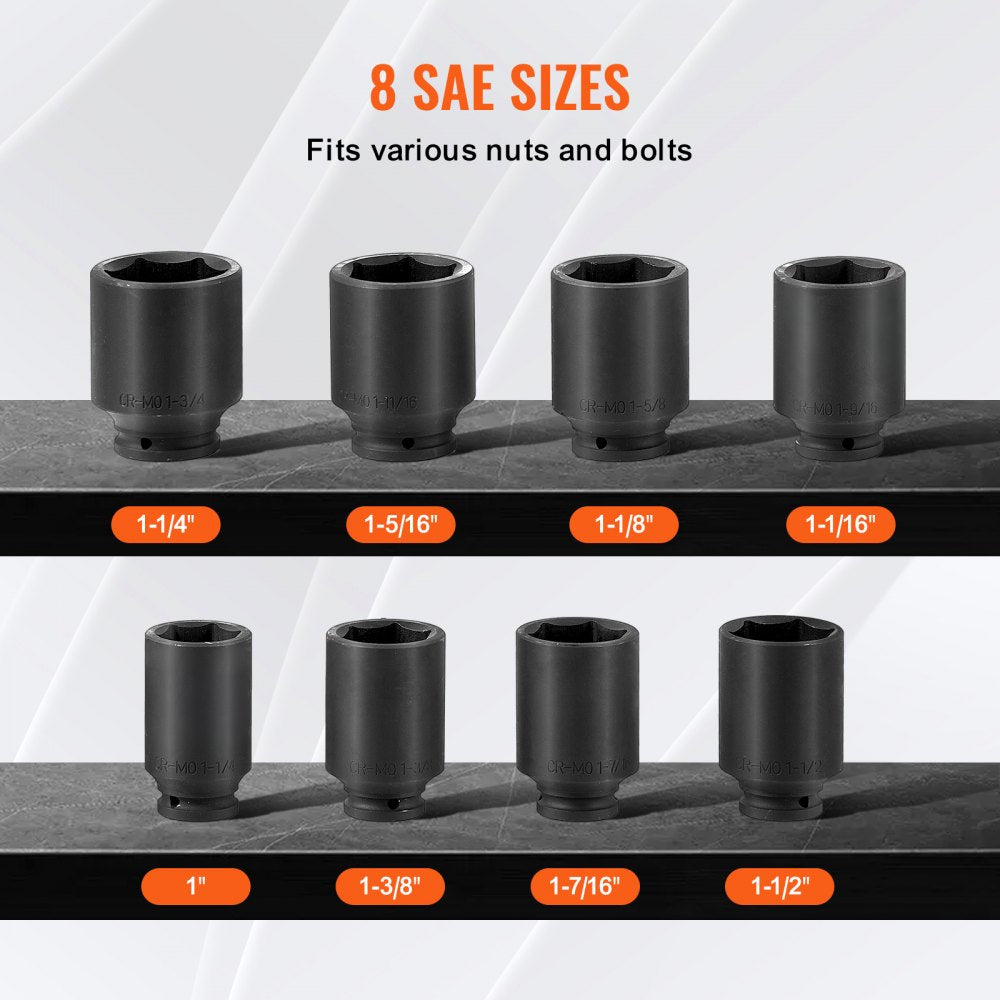 8-piece Bostome 3/4" drive axle nut impact socket set with deep 6-point design.