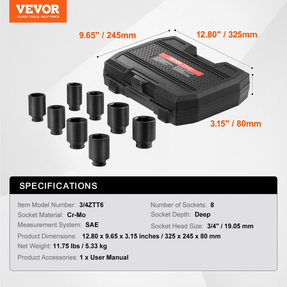 8-piece Bostome 3/4" drive axle nut impact socket set with deep 6-point design and storage case.