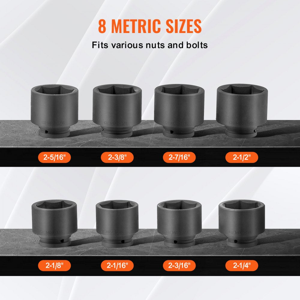 8-piece 3/4" drive SAE axle nut impact socket set with 6-point sockets in sizes 2-1/16" to 2-1/2".