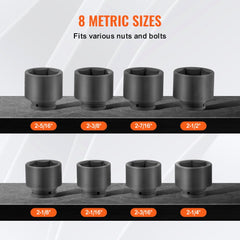 8-piece 3/4" drive SAE axle nut impact socket set with 6-point sockets in sizes 2-1/16" to 2-1/2".