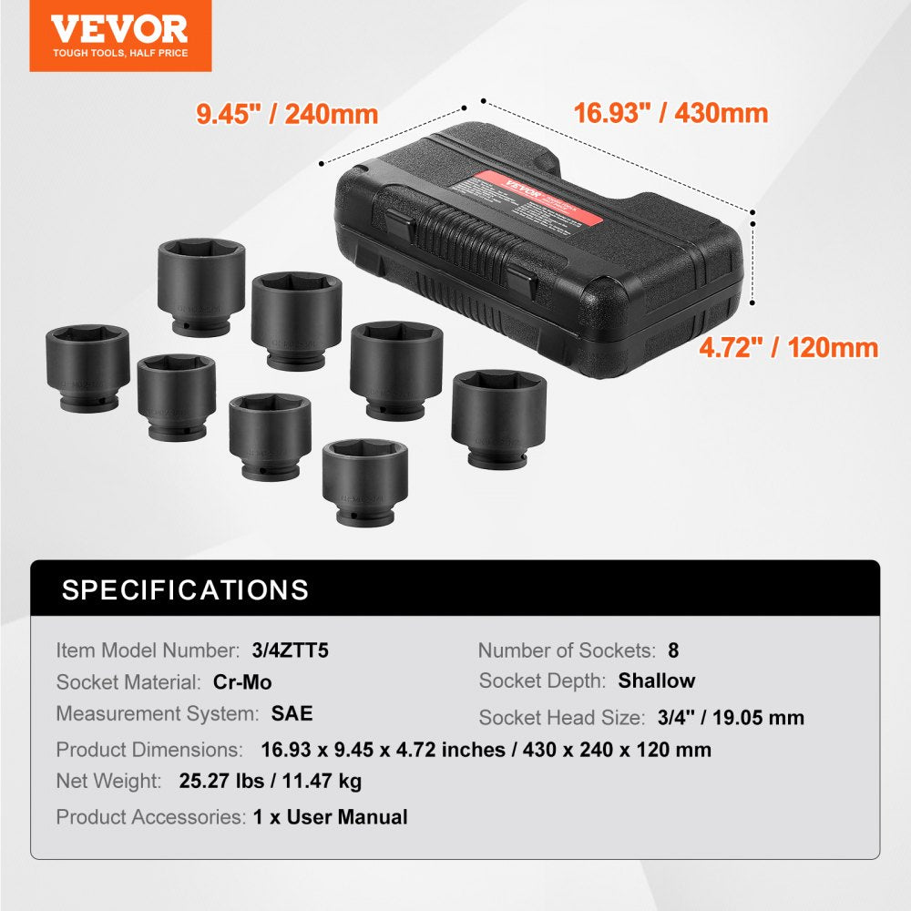 3/4-inch drive 8-piece SAE axle nut impact socket set in a storage case.
