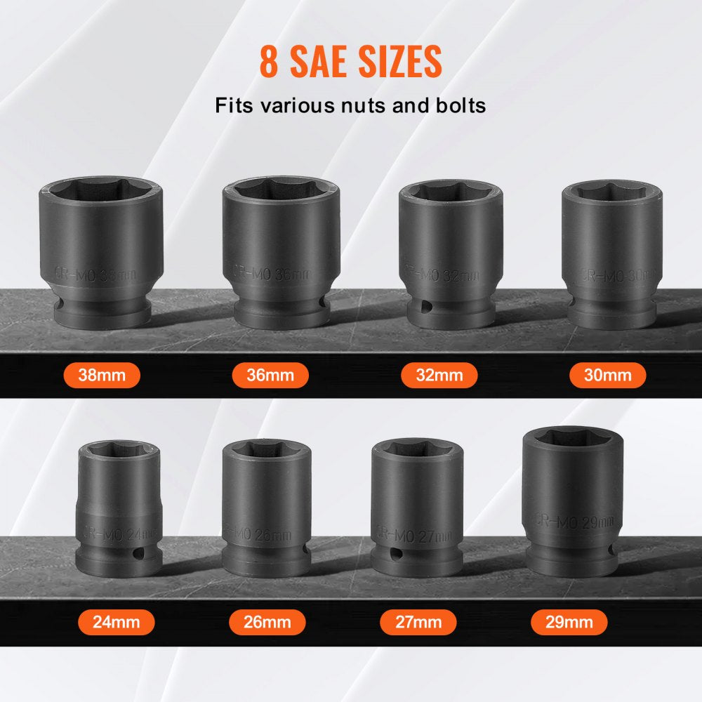 8-piece 3/4-inch drive metric axle nut impact socket set in sizes 24mm to 38mm.