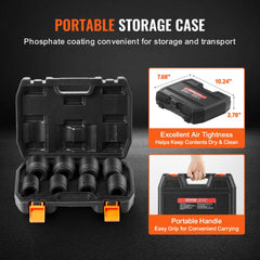 Black 8-piece 3/4-inch drive metric axle nut impact socket set in a portable storage case.
