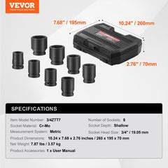8-piece metric axle nut impact socket set in black case with 3/4-inch drive.