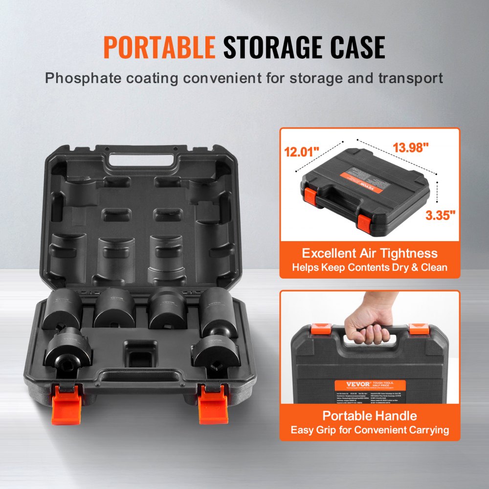 Six-piece spindle nut socket set with various sizes and a portable storage case.