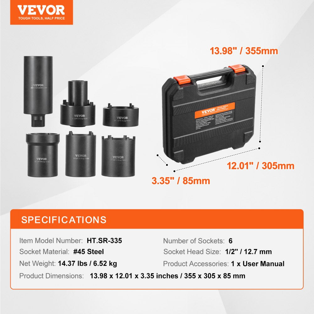Six-piece spindle nut socket set with various sizes for axle hub removal and storage case.