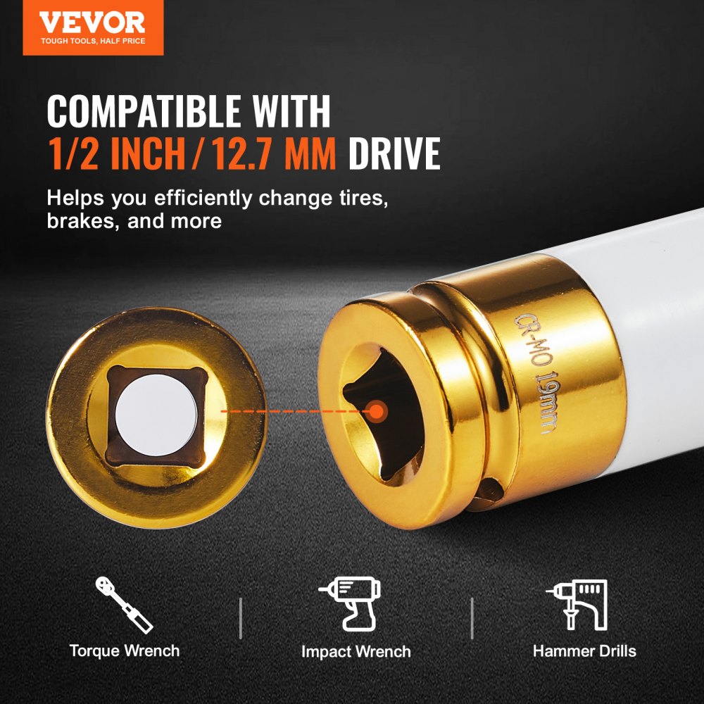 7-piece set of 1/2-inch drive metric 6-point deep lug nut impact sockets in 17-27 mm sizes.