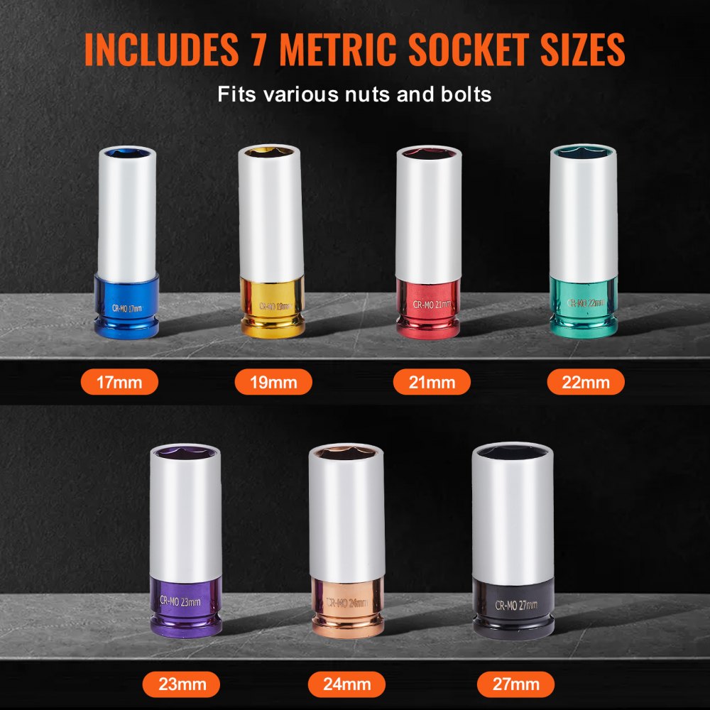 7-piece 1/2 in. drive metric 6-point deep impact socket set in sizes 17mm to 27mm, color-coded.