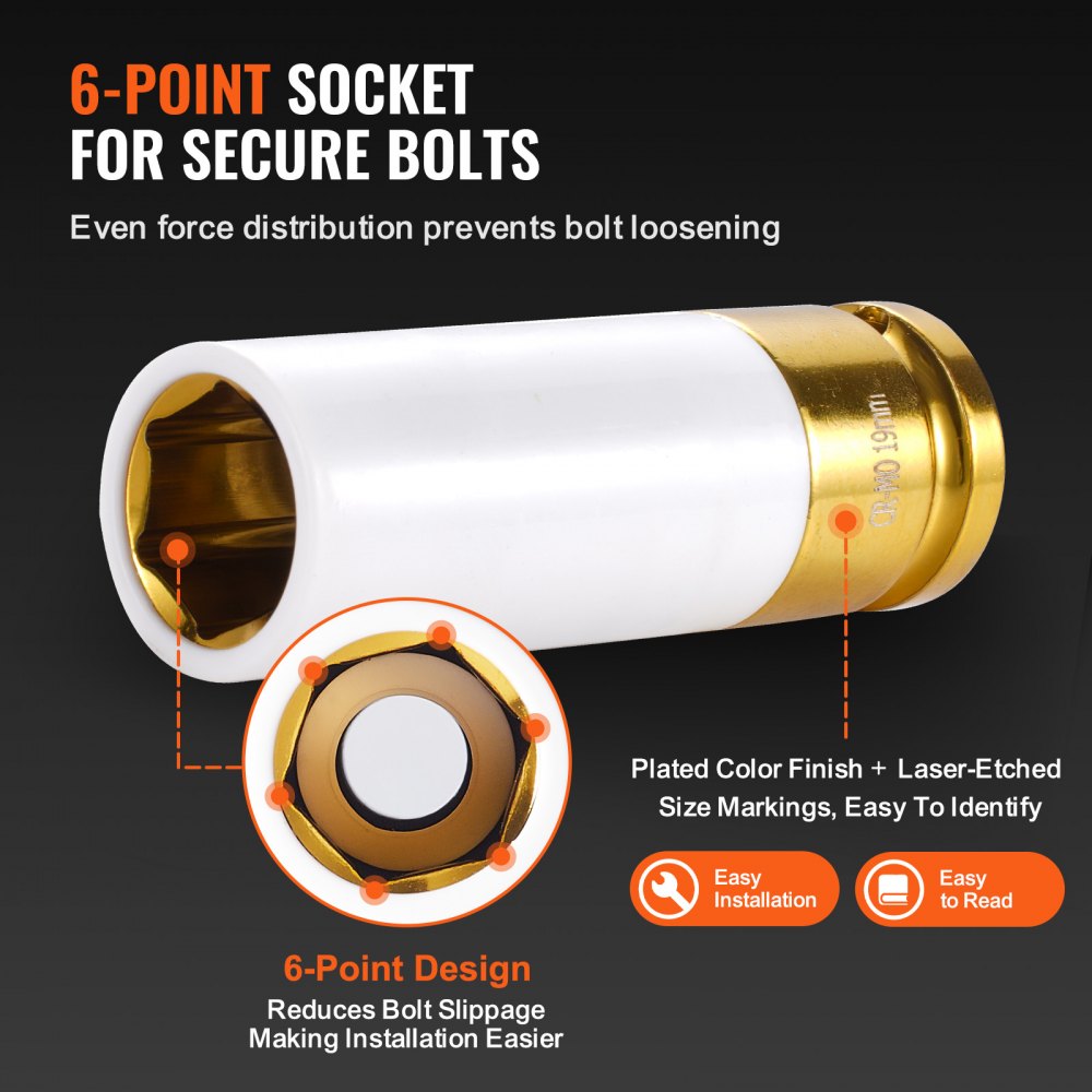 7-piece set of 1/2 in. drive metric 6-point deep lug nut impact sockets in gold and white with size markings.