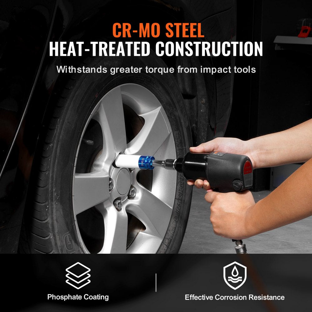 A hand using a black impact wrench with a blue socket to tighten a lug nut on a silver car wheel, with text overlay on CR-MO steel heat-treated construction and phosphate coating for corrosion resistance.