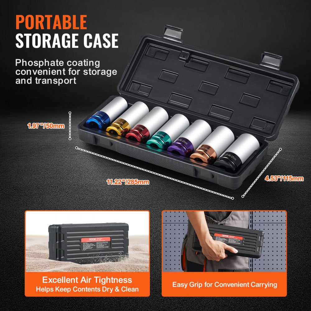 A 7-piece set of 1/2-inch drive metric 6-point deep impact sockets in sizes 17-27mm, stored in a black case.