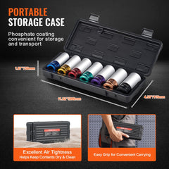 A 7-piece set of 1/2-inch drive metric 6-point deep impact sockets in sizes 17-27mm, stored in a black case.
