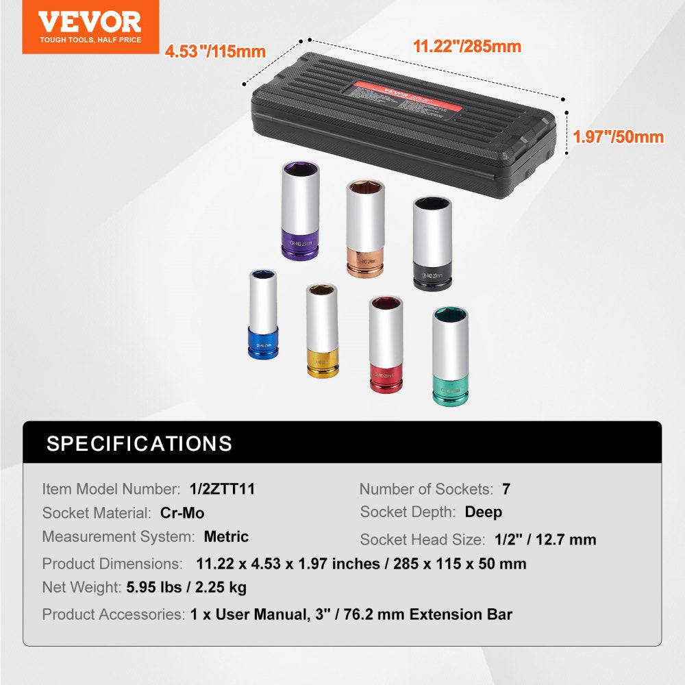 7-piece 1/2-inch drive metric 6-point deep lug nut impact socket set in CR-MO with color-coded sizes 17-27mm in a black case.