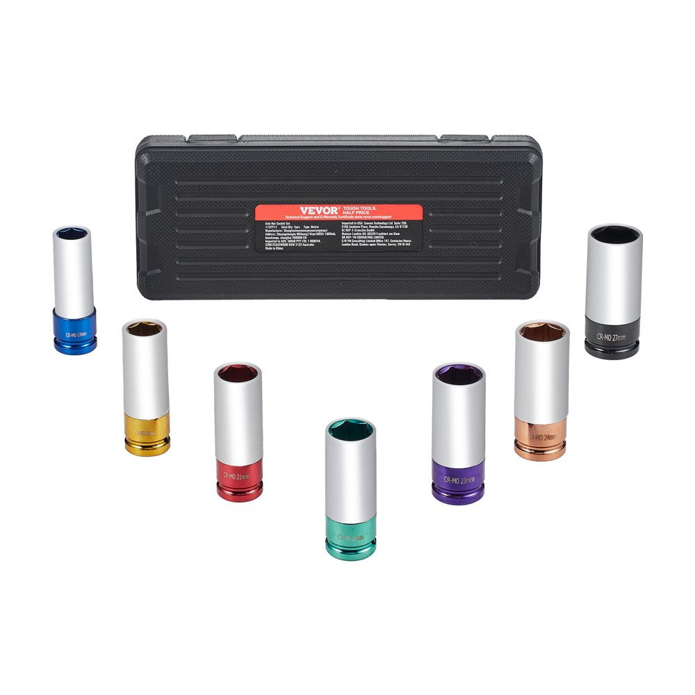 7-piece Bostome 1/2 in. drive metric 6-point deep lug nut impact socket set in a black case with color-coded sockets.