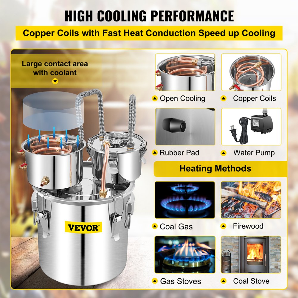 Alcohol Still, 13.2Gal / 50L Stainless Steel Water Alcohol Distiller Copper Tube Home Brewing Kit Build-in Thermometer for DIY Whisky Wine Brandy, Silver