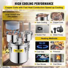 Alcohol Still 5 Gal 19L Water Alcohol Distiller Copper Tube With Circulating Pump Home Brewing Kit Build-in Thermometer for DIY Whisky Wine Brandy, Stainless Steel, 3 Pots