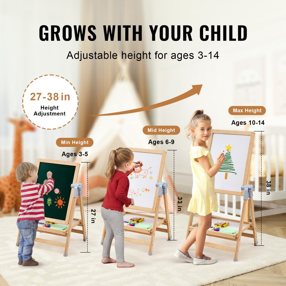 2-in-1 Kids Art Easel Double-Sided Wooden Magnetic Whiteboard Chalkboard