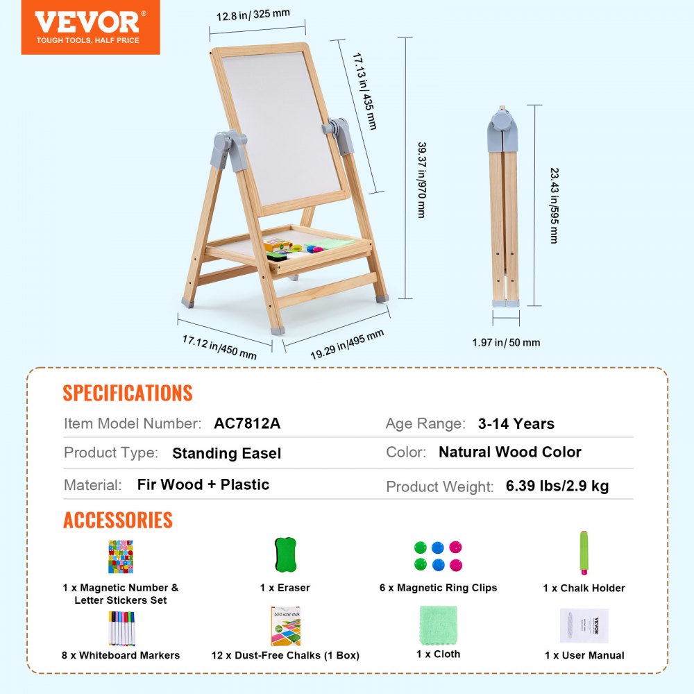 2-in-1 Kids Art Easel Double-Sided Wooden Magnetic Whiteboard Chalkboard
