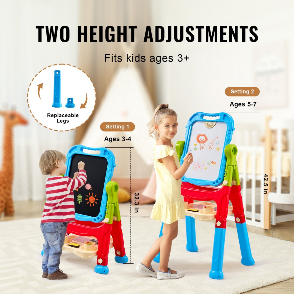 2-in-1 Kids Art Easel Double-Sided Magnetic Whiteboard Chalkboard Rotating