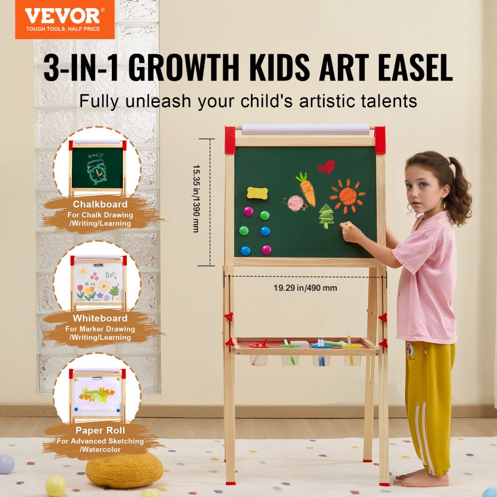 3-in-1 Kids Art Easel Double-Sided Wooden Magnetic Whiteboard Chalkboard