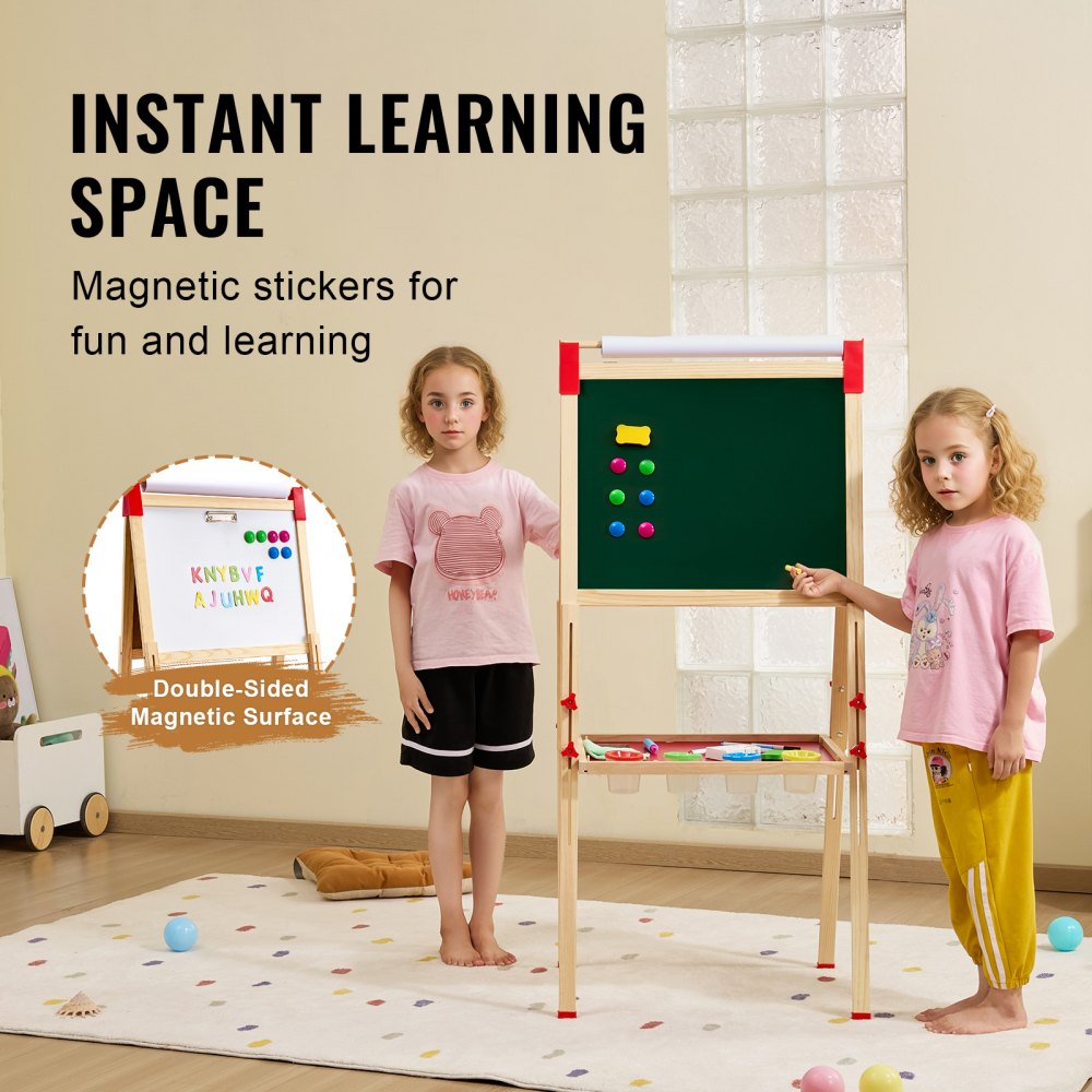 3-in-1 Kids Art Easel Double-Sided Wooden Magnetic Whiteboard Chalkboard
