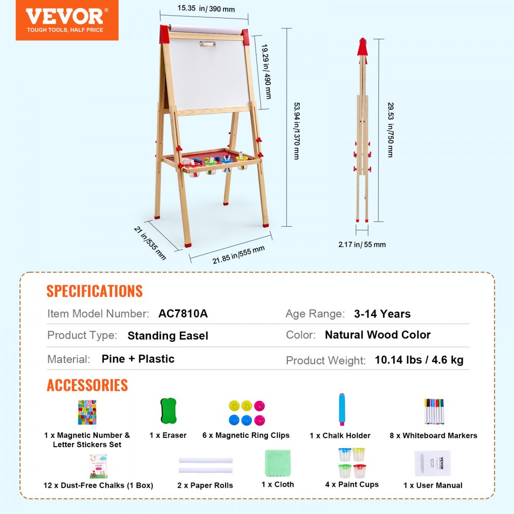 3-in-1 Kids Art Easel Double-Sided Wooden Magnetic Whiteboard Chalkboard