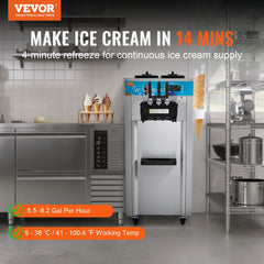 Commercial Ice Cream Machine, 21-31 L/H Yield, 1800W 3-Flavor Freestanding Soft Serve Ice Cream Maker,  2 x 5.5L Stainless Steel Cylinder, LED Panel Auto Clean Pre-cooling, for Restaurant Bars