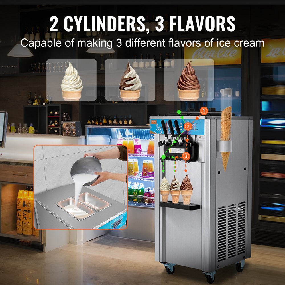 Commercial Ice Cream Machine, 21-31 L/H Yield, 1800W 3-Flavor Freestanding Soft Serve Ice Cream Maker,  2 x 5.5L Stainless Steel Cylinder, LED Panel Auto Clean Pre-cooling, for Restaurant Bars