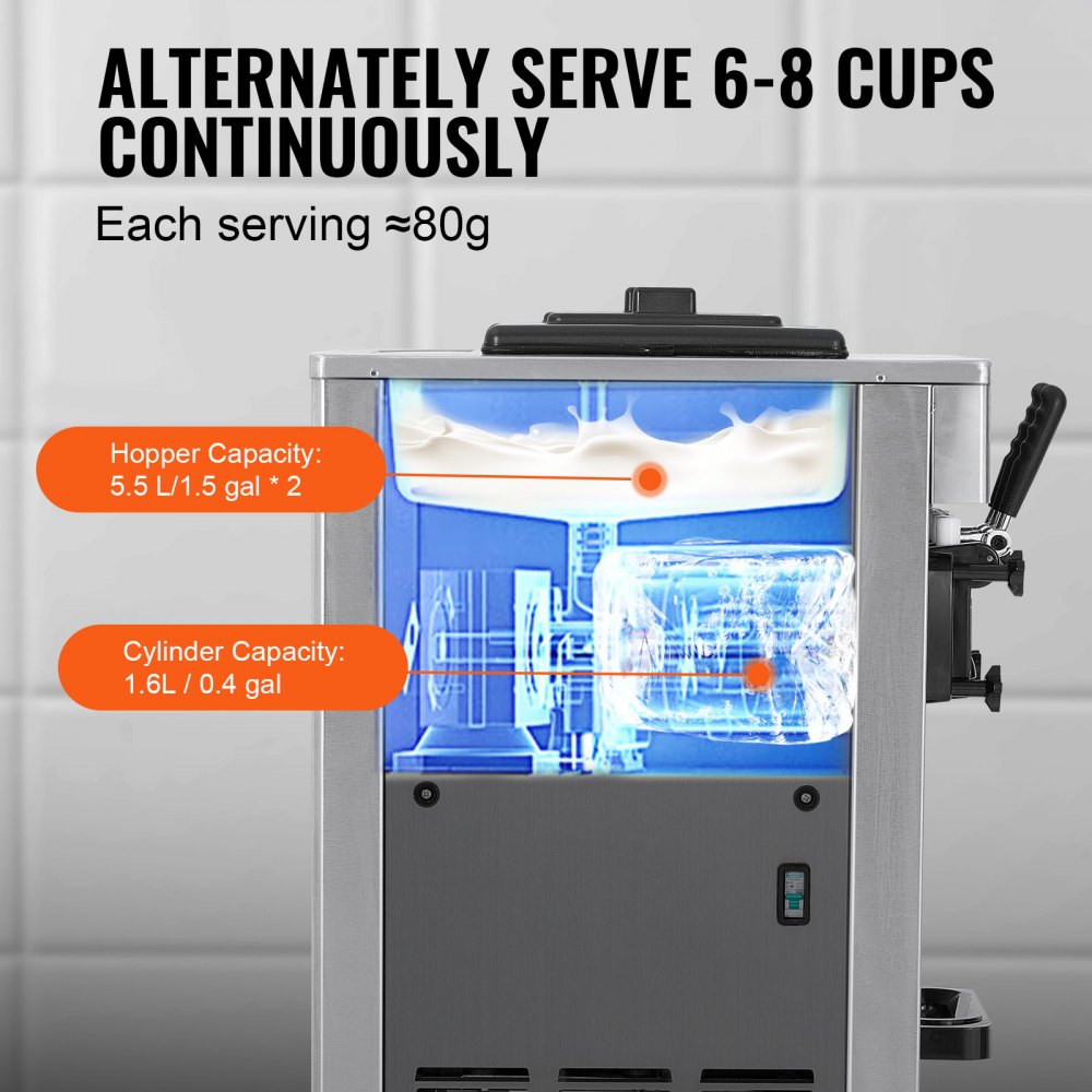 Commercial Ice Cream Machine, 21-31 L/H Yield, 1800W 3-Flavor Freestanding Soft Serve Ice Cream Maker,  2 x 5.5L Stainless Steel Cylinder, LED Panel Auto Clean Pre-cooling, for Restaurant Bars