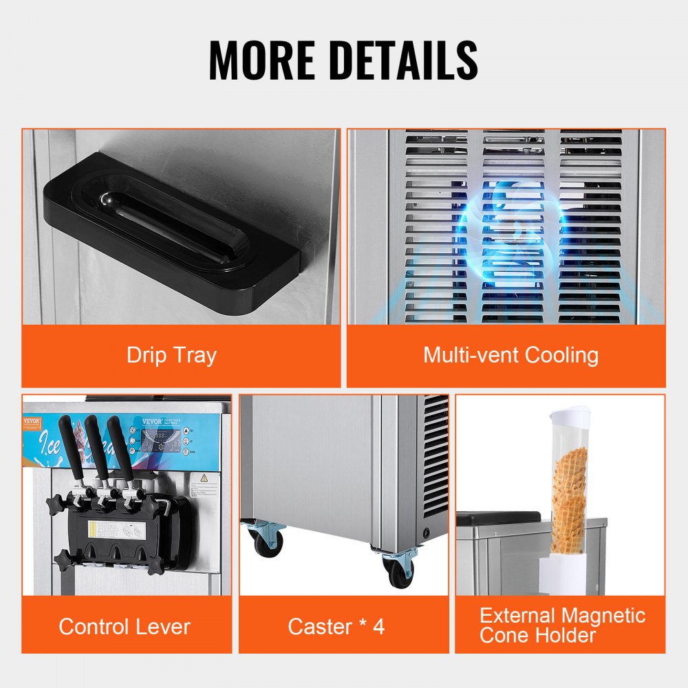 Commercial Ice Cream Machine, 21-31 L/H Yield, 1800W 3-Flavor Freestanding Soft Serve Ice Cream Maker,  2 x 5.5L Stainless Steel Cylinder, LED Panel Auto Clean Pre-cooling, for Restaurant Bars