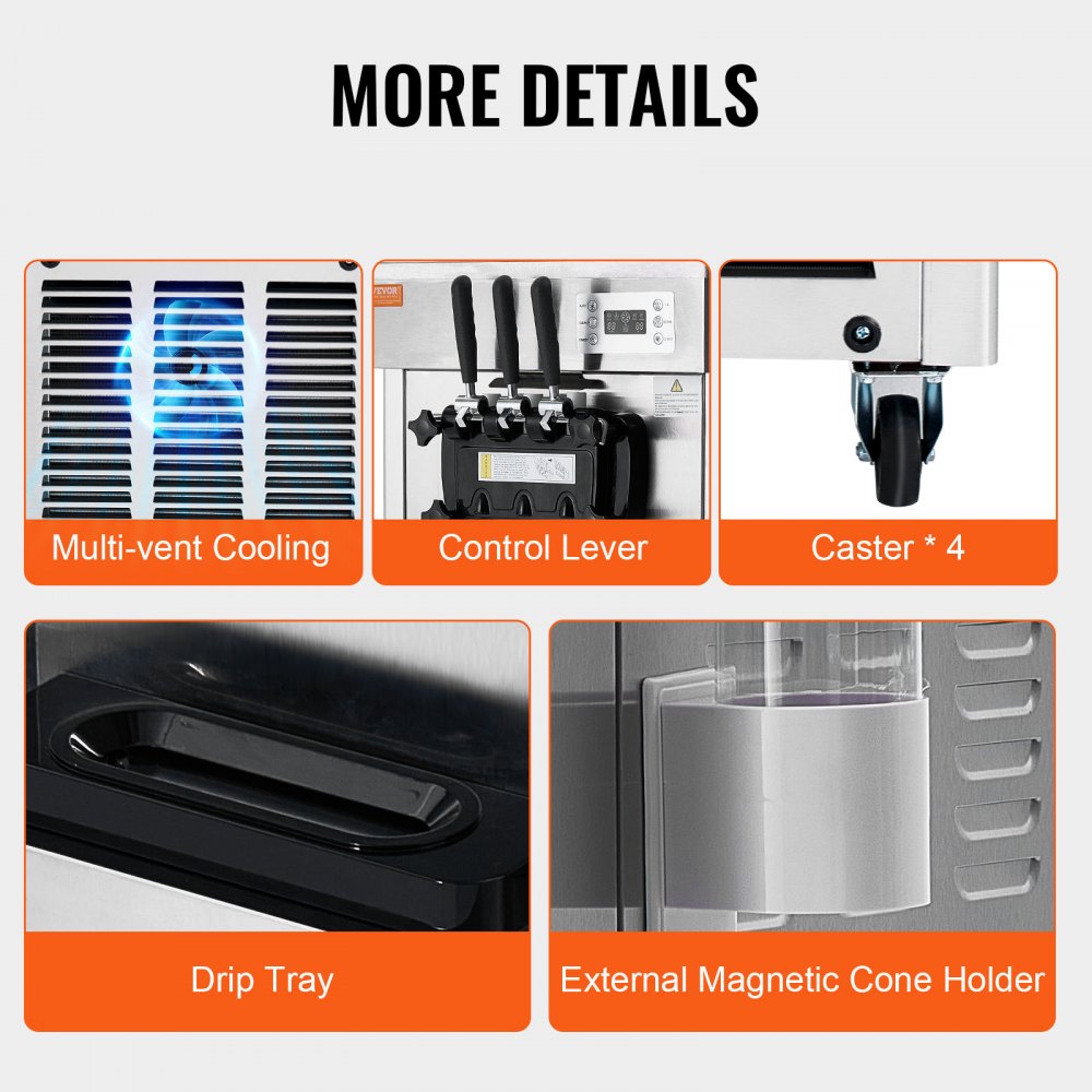1850W Commercial Soft Ice Cream Machine 3 Flavors 5.3 to 7.4Gallon per Hour PreCooling at Night Auto Clean LCDPanel for Restaurants Snack Bar, Sliver